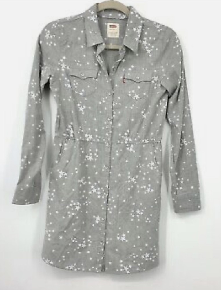 Levis Kids Girls Large 12 13 Shirt Dress Gray White Star Printed Button Down