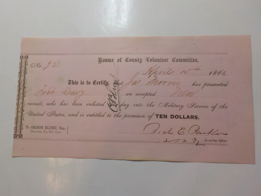 1864 Civil War Recruit Payment Document $10 Premium Military Paper VTG