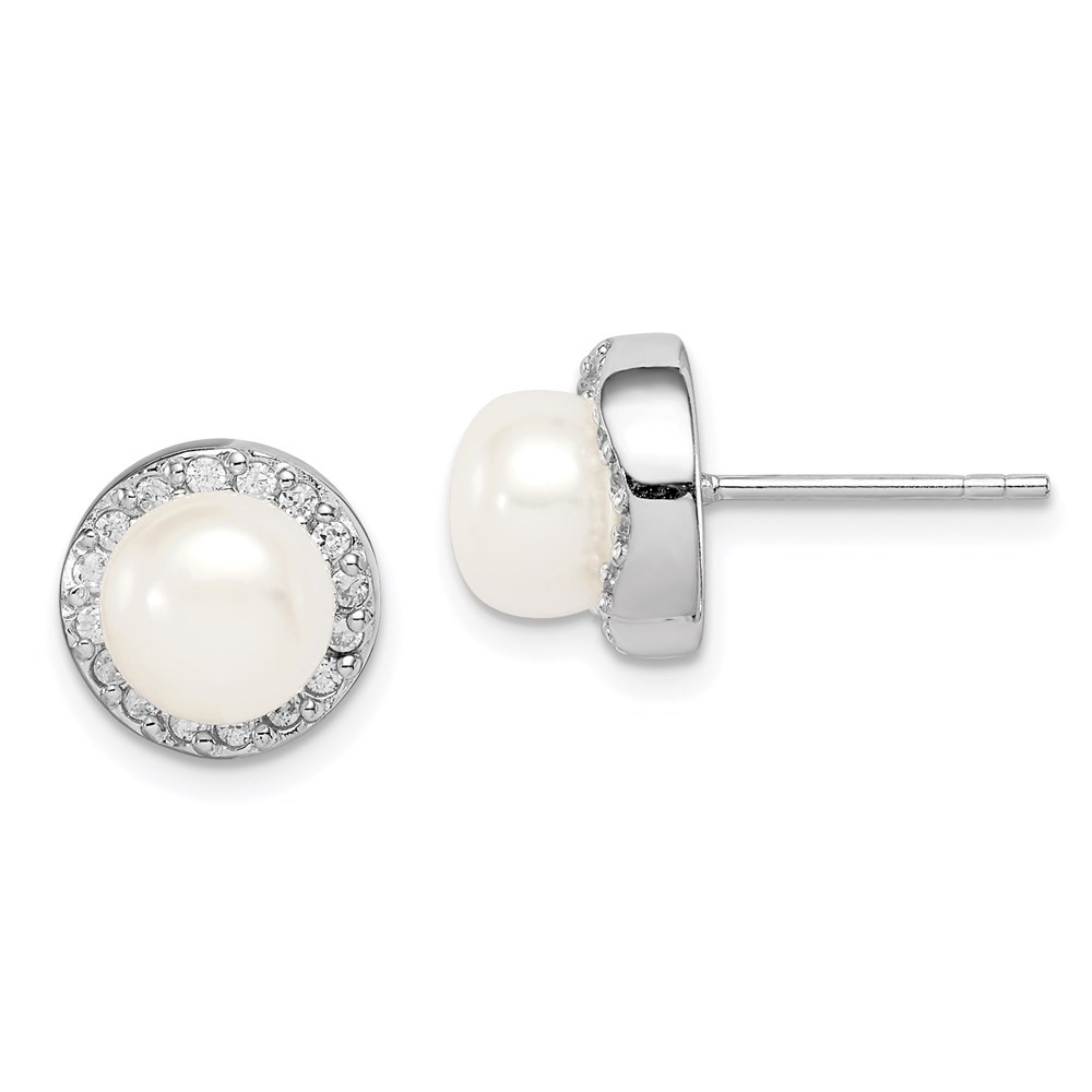 Sterling Silver 7-8mm White Cultured Pearl & Cubic Zirconia Stud Earrings 1.68gm