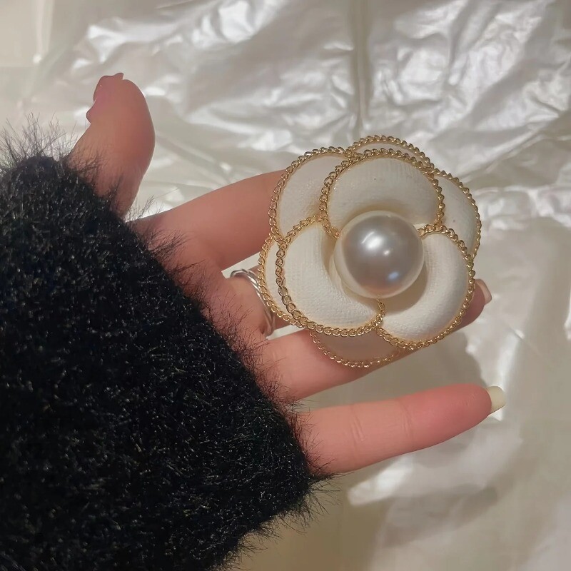 Elegant White Pearl Camellia Brooch Premium Flower Corsage Pin