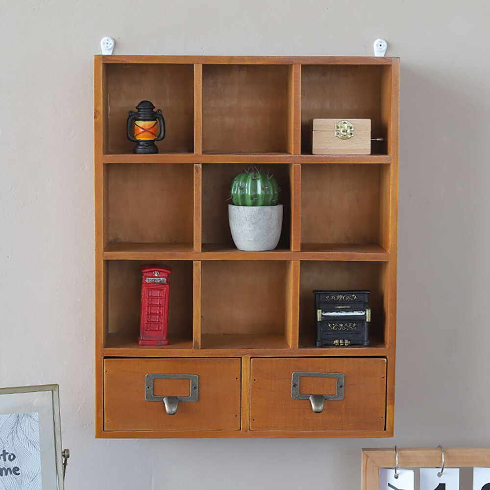 Vintage 9-Cube Storage Shelf with 2 Drawers for Small Item Display