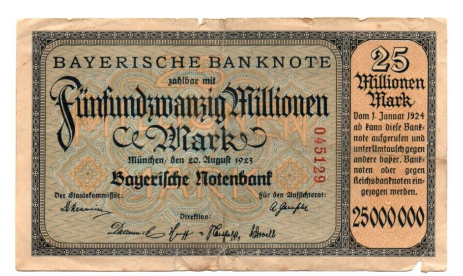 25 000 000  MARK VG EMERGENCY ISSUED BANKNOTE FROM GERMANY/MÜNCHEN  1923