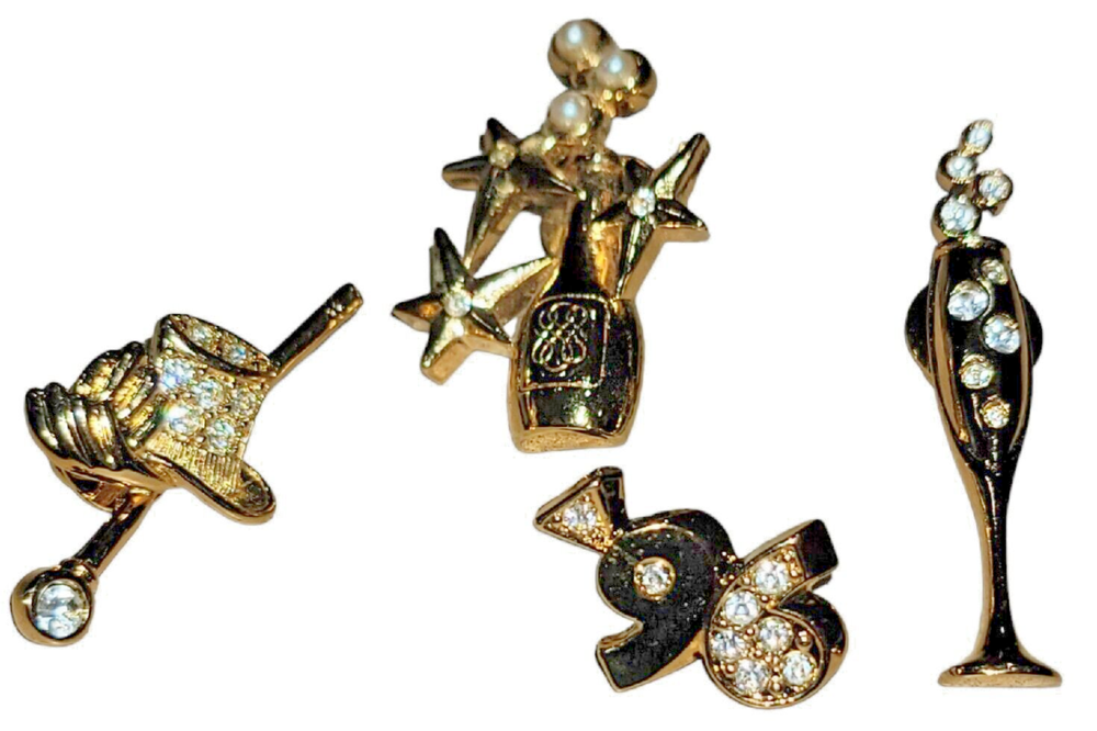 Avon New Years Holiday Pin Brooch Lot Champagne Rhinestone Gold Tone Top Hat-image