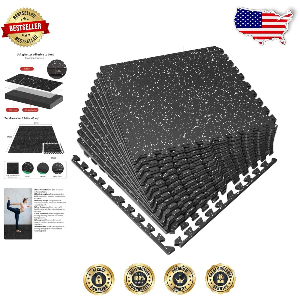 0.56in Thick Interlocking Exercise Floor Mats - Versatile 48 Sq Ft Coverage