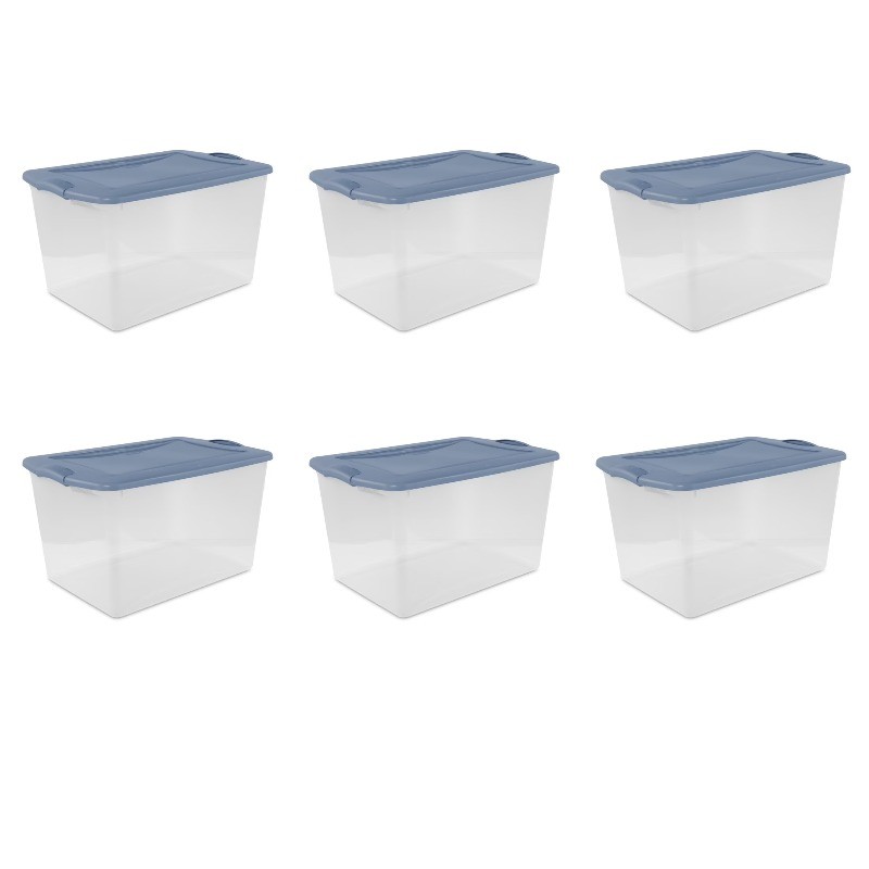 66 Qt Clear Plastic Storage Bin, Large, Latch Lid, Light Blue, 6 Count