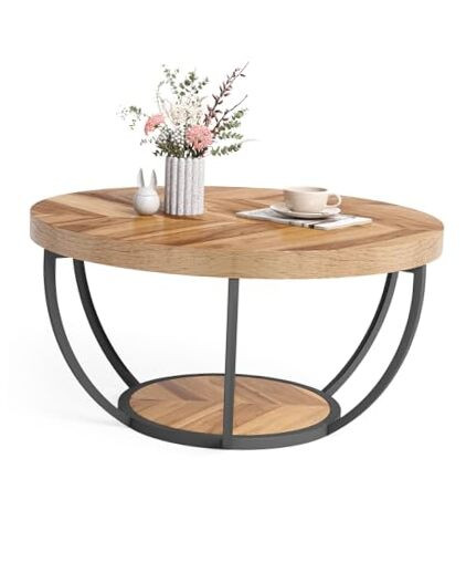 32-Inch Round Wood Coffee Table with 2-Tier Design for Living Room