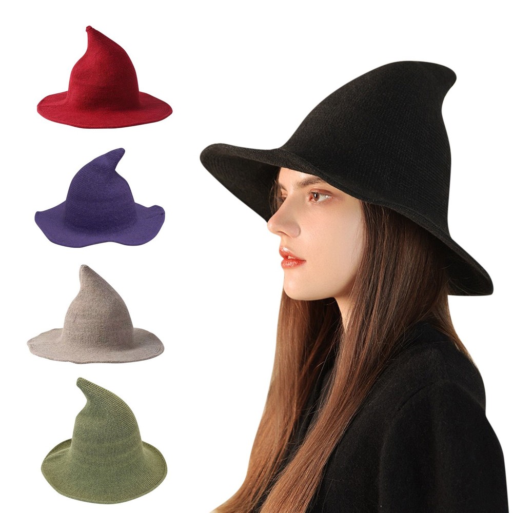 Witch Hats For Women Foldable Wool Knit Cosplay Wizard Cap  