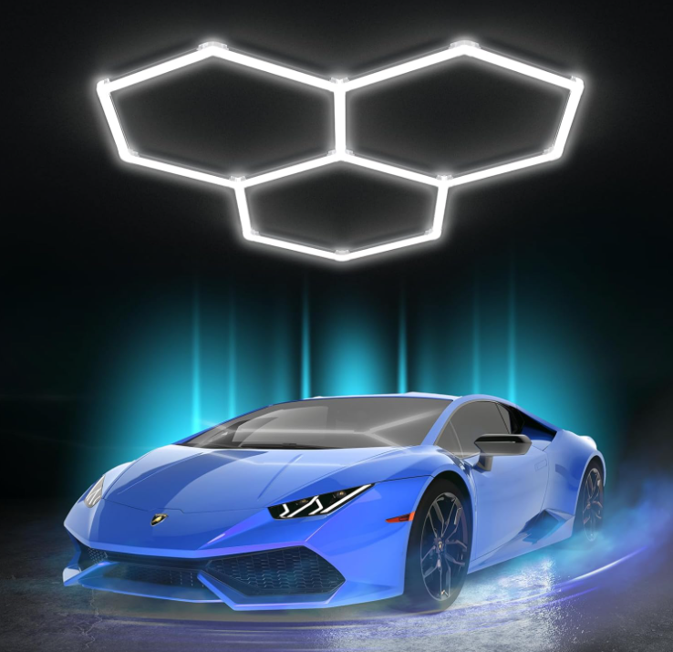 Hexagonal LED Garage Lights with Honeycomb Detailing for Showroom or Office – 3 Grids, 6500K