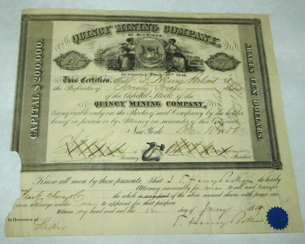 1859 Quincy Mining Company Capital Stock Certificate