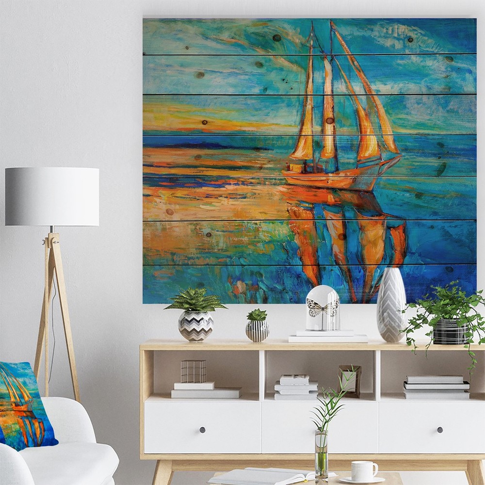 Designart 'Sail Ship at Sunset in Blue Sky' Sea & Shore  Small