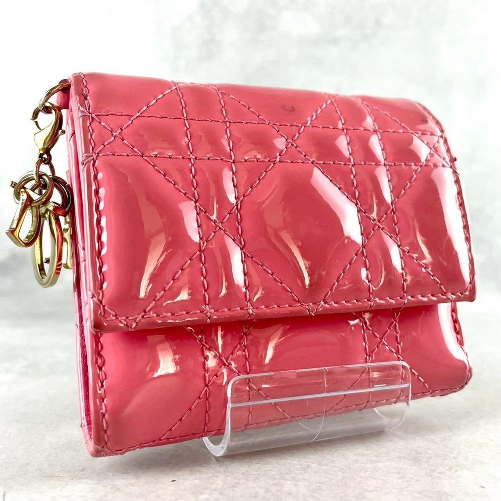 Dior Lady Canage Lotus Enamel Pink Patent Leather Trifold Wallet