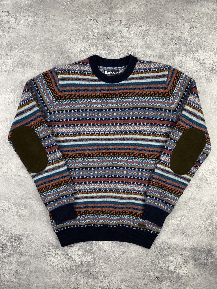 Barbour Jumper Mens Small Fair Isle Wool Knit Pullover Sweater Elbow Patches