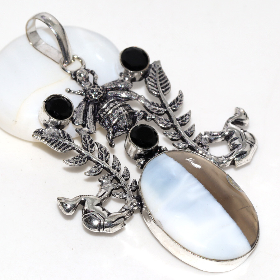 Owhyee Blue Opal Black Onyx 925 Silver Plated Bee Pendant 2.7