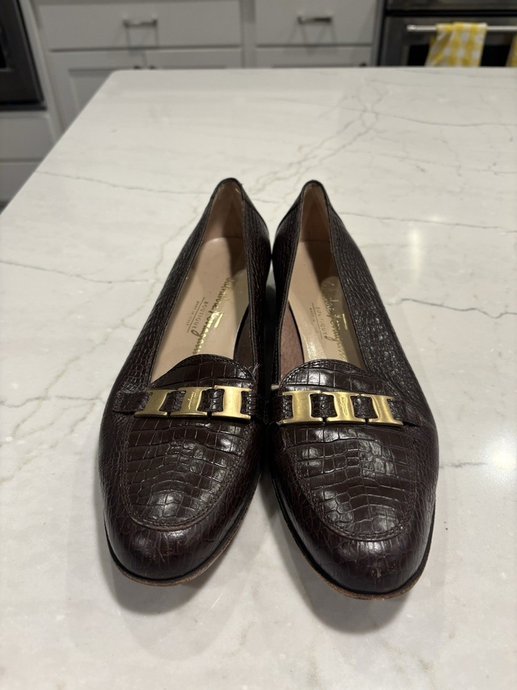 Salvatore Ferragamo Womens Brown Faux Croc Leather Loafers Size 9