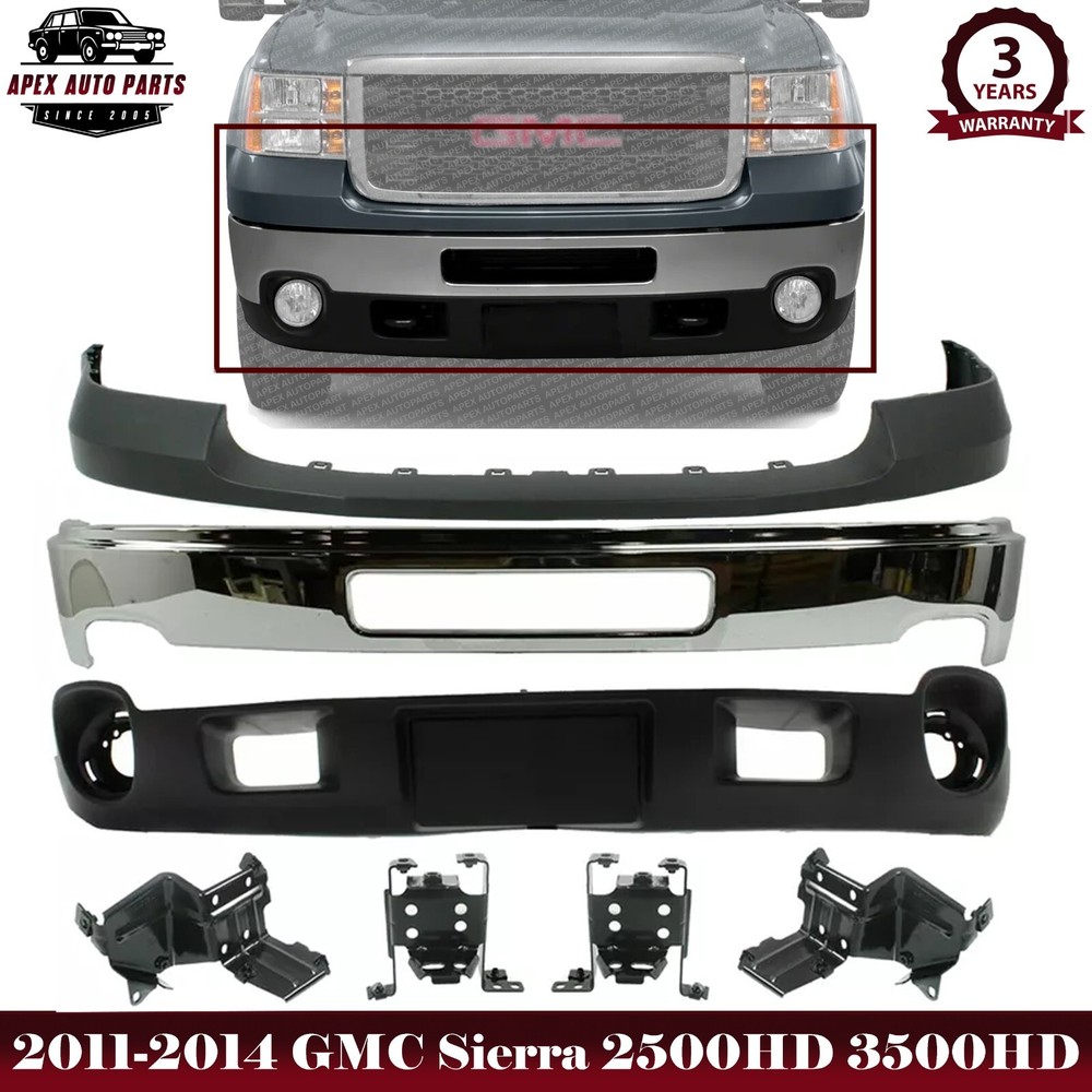 Front Bumper Chrome Steel Kit + Brackets RH+LH For 2011-2014 GMC Sierra 2500HD