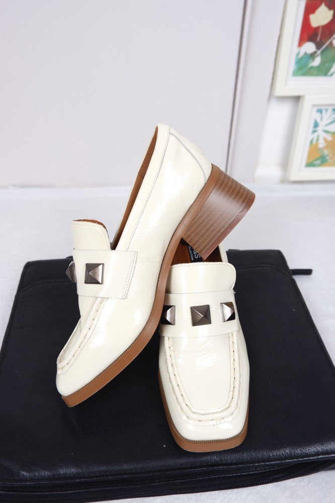 M&S Ladies Wide Fit Patent Leather Block Heel Loafers Ivory Cream Size UK 5 EU38