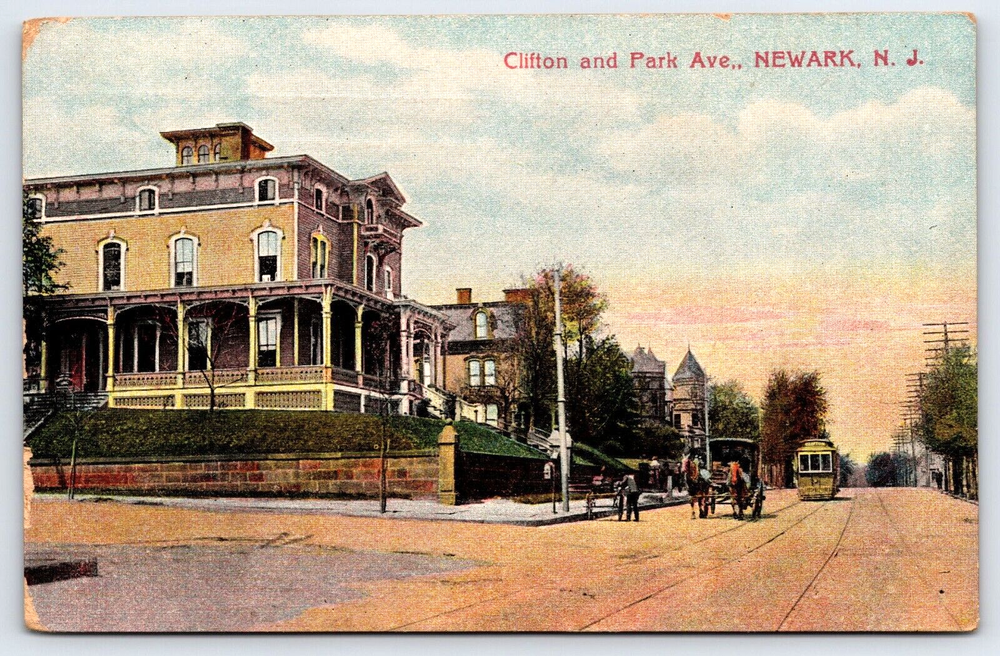 Original Vintage Antique Postcard Historic Homes Horses Street Car Newark, NJ