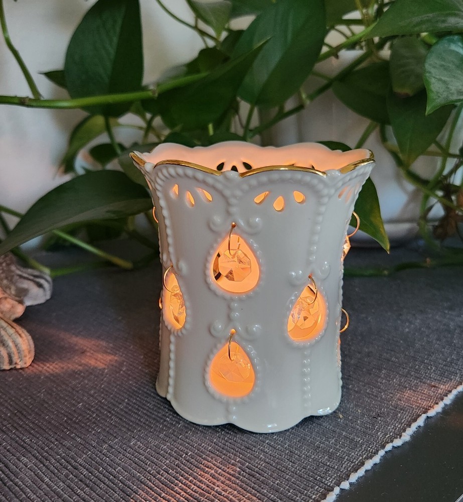 Lenox Garden Lights Porcelain Votive Holder Cut Outs w/Hanging Crystals 4