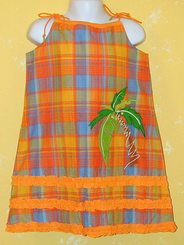 NWT New MICHAEL SIMON Orange Plaid Ruffles Palm Tree Dress Bucket Hat 2pc Set 2T
