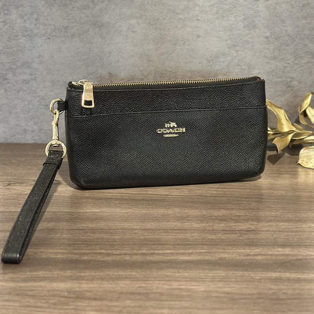 Coach Black Pebbled Leather Top Zip Wristlet with Gold Accents E1484 52334