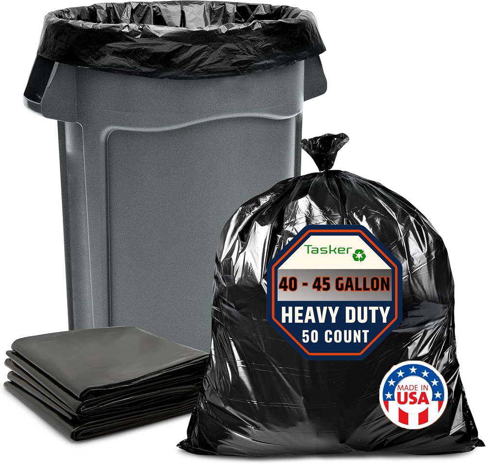 40-45 Gallon Trash Bags, (50 Bags W/Ties) Large Black Heavy Duty Garbage Bags -