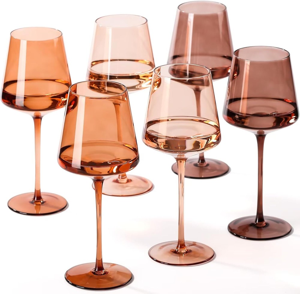 Hand Blown Gold Star Brown Wine Glass Set 6-18 oz