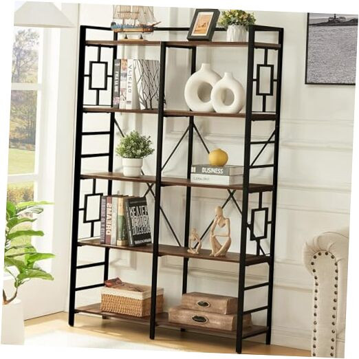 Book Shelf, Industrial Double Wide 5 Tier Bookshelf, Tall Bookcase with Wide