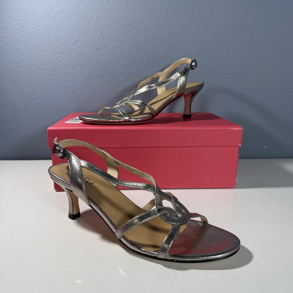 Vaneli Monde Womens Pewter Metallic Leather Slingback Kitten Heel Sandals 8.5 N