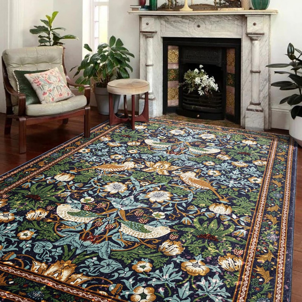 Strawberry Thief Dark Green 5x7 Ultra Thin Washable Modern Area Rug