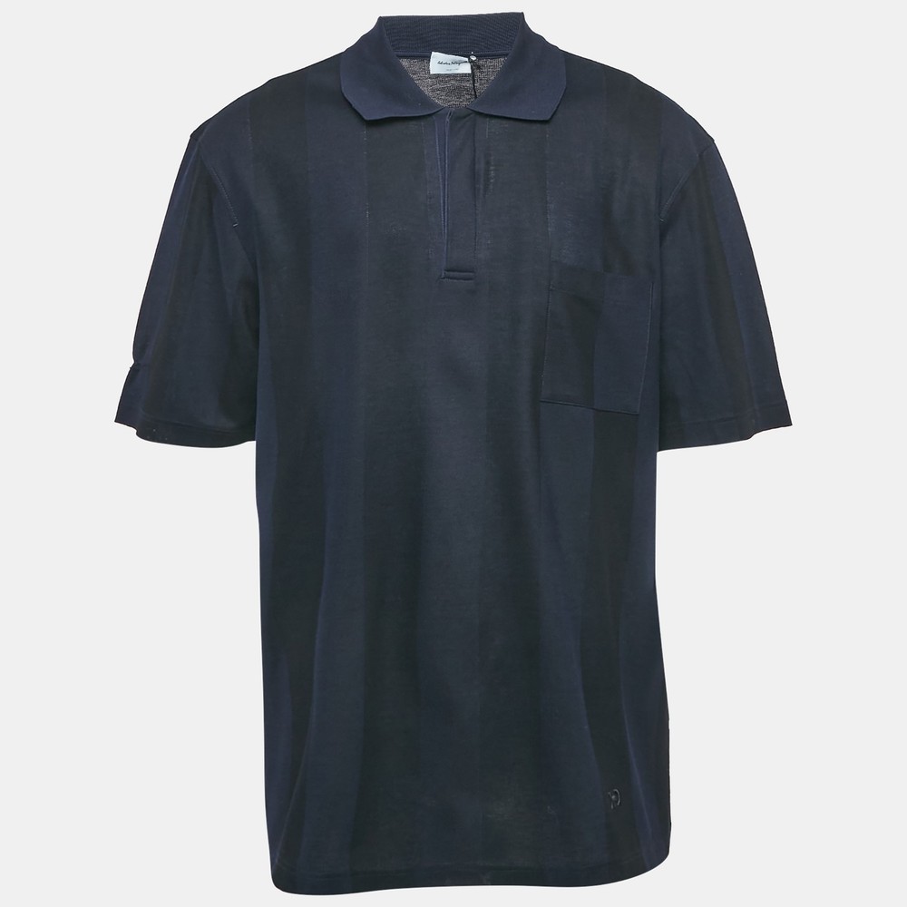 Salvatore Ferragamo Navy Blue/Black Stripe Short Sleeve Polo T-Shirt XXXL