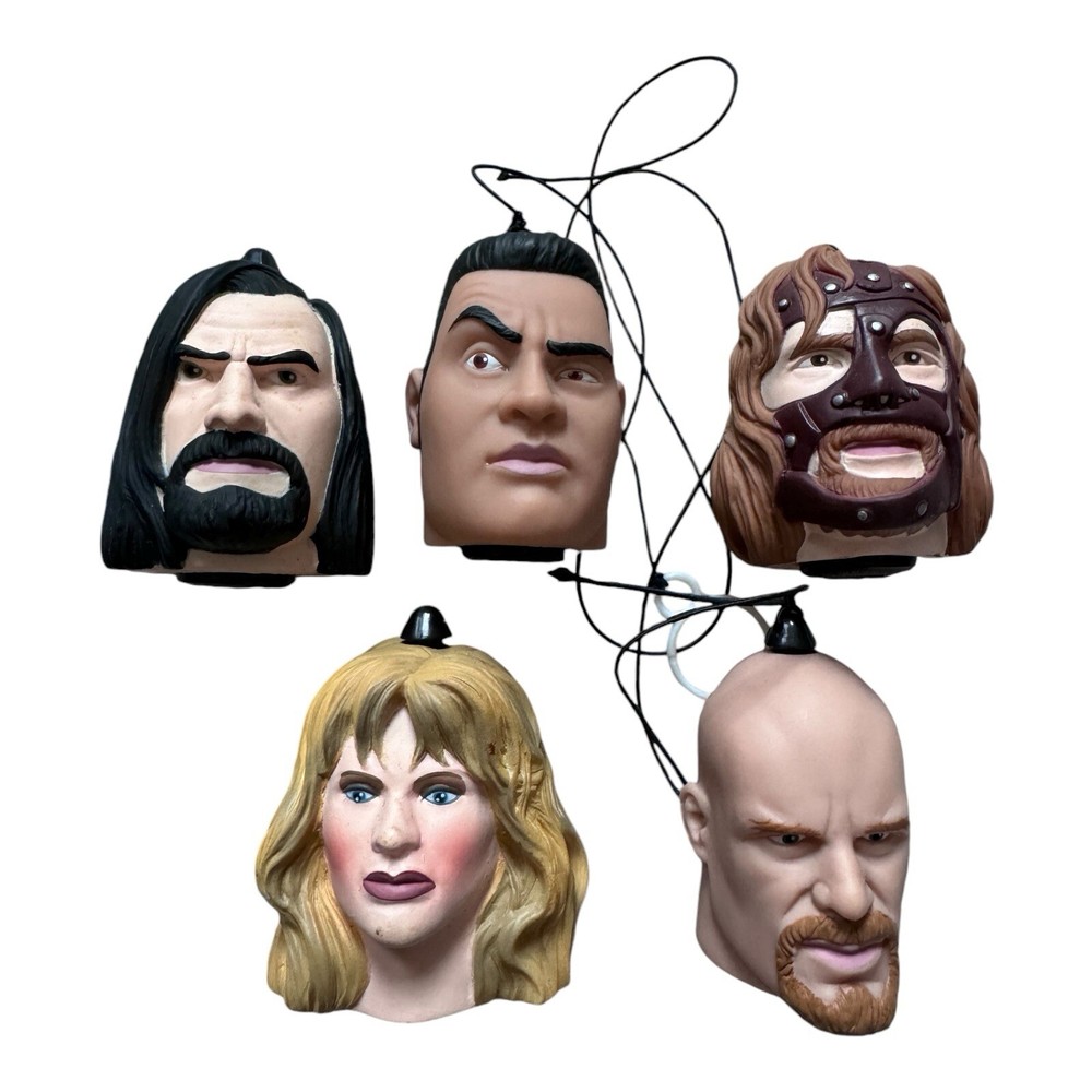1999 WWE Titan Sports Wrestler Head Ornaments Lot: Rock, Mankind, Austin