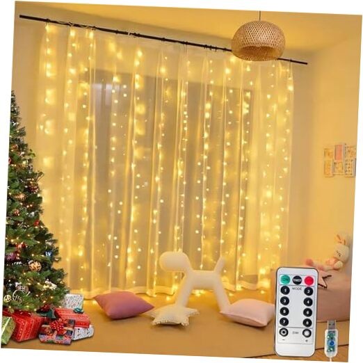 300LED Cuttable Curtain String Lights 10x10ft Remote Control Warm White Window Decor