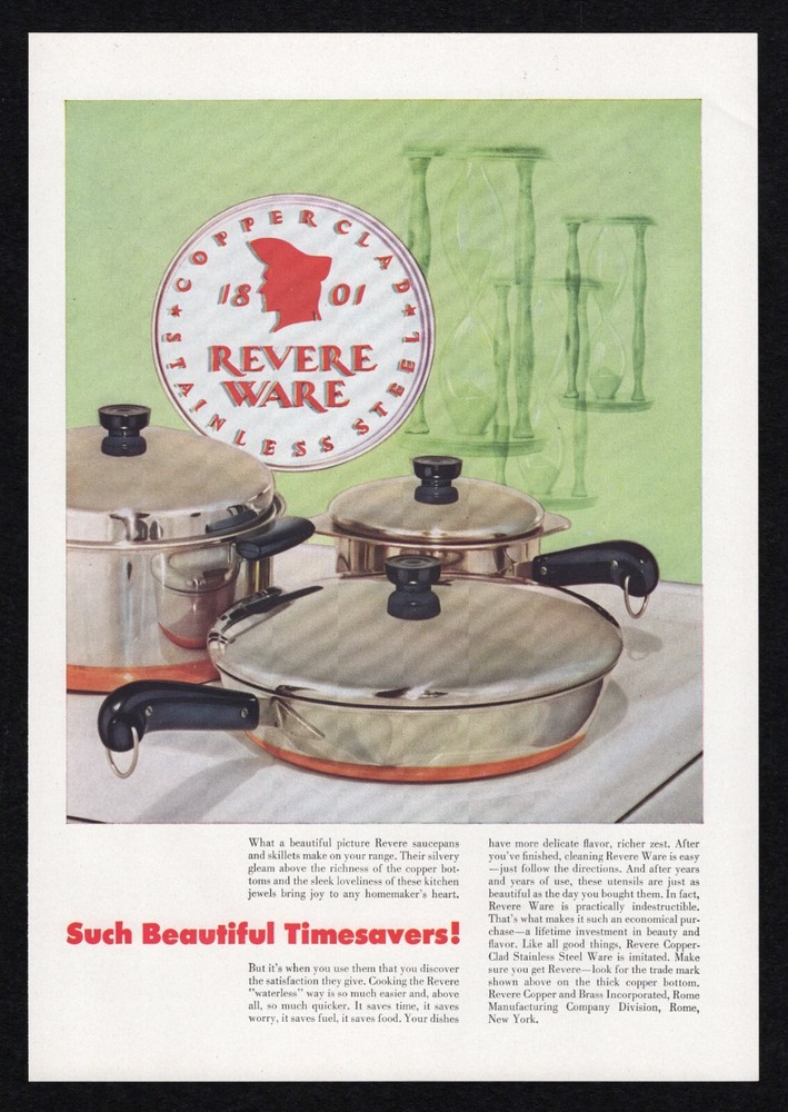 1948 Revere Ware Copper Clad Saucepans Skillets Kitchen Stainless Steel Print Ad