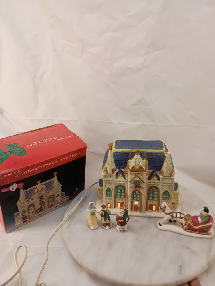Vintage Treasury Gifts Lighted Porcelain Church With Figures  Christmas Village