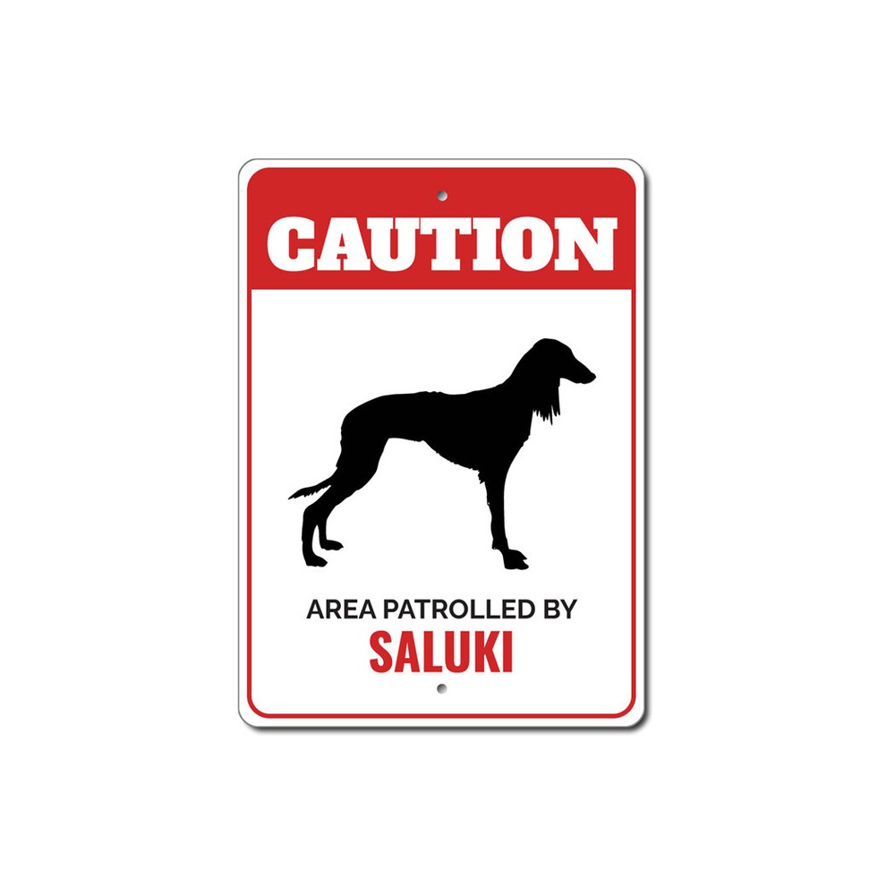 Patrolled By Saluki Caution Metal Sign Dog Kennel Breed Canine K9 Paw Pet Animal
