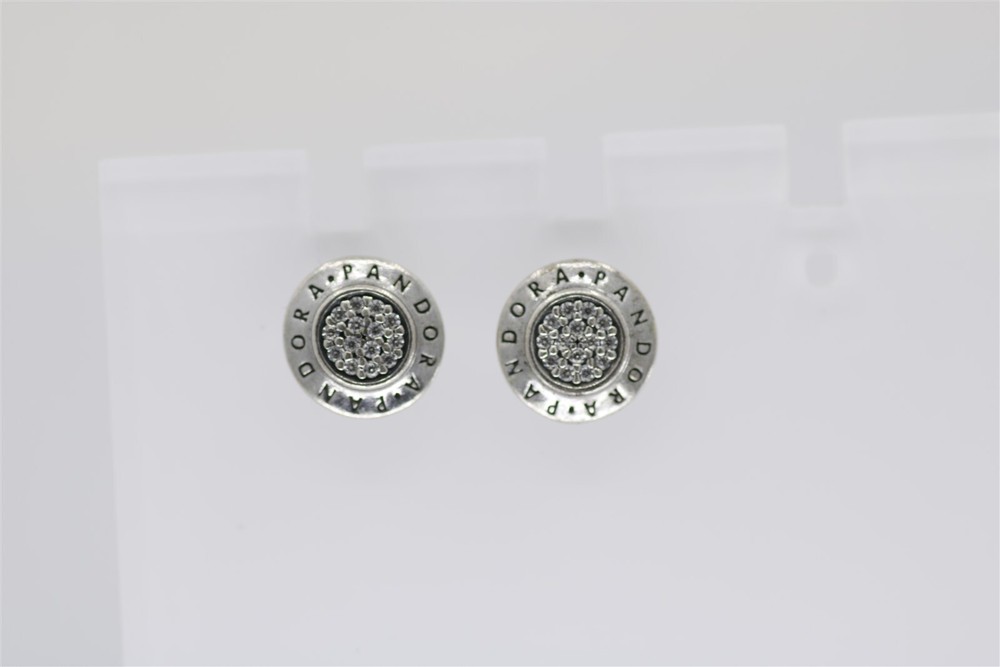 Vintage Sterling Silver Pandora Round Pave CZ Stud Earrings 3/8 Inch