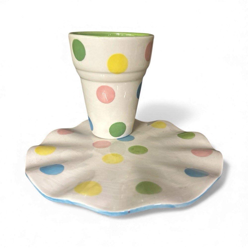 Century Ceramic Multicolor Polka Dot Ice Cream Cone Dish And Sundae Dish 2pc Set