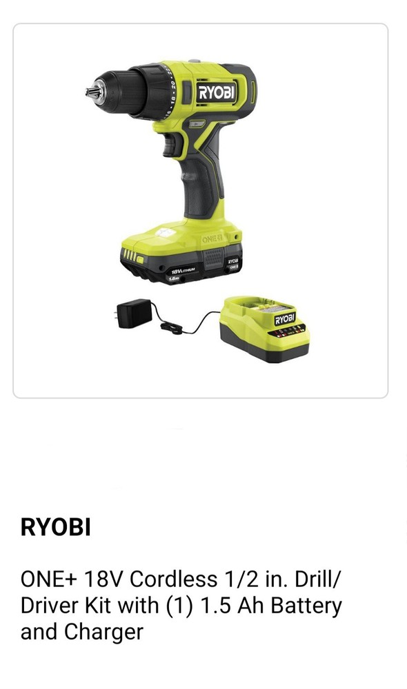 Ryobi ONE+ 18V Cordless 1/2in. Drill/Driven Kit W/Battery & Charger (PCL2006)