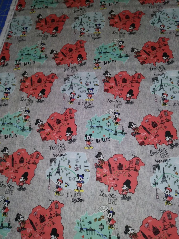 Mickey Minnie Map Digital Cotton Quilt Fabric~Berlin Paris London~OOP~Disney~BTY