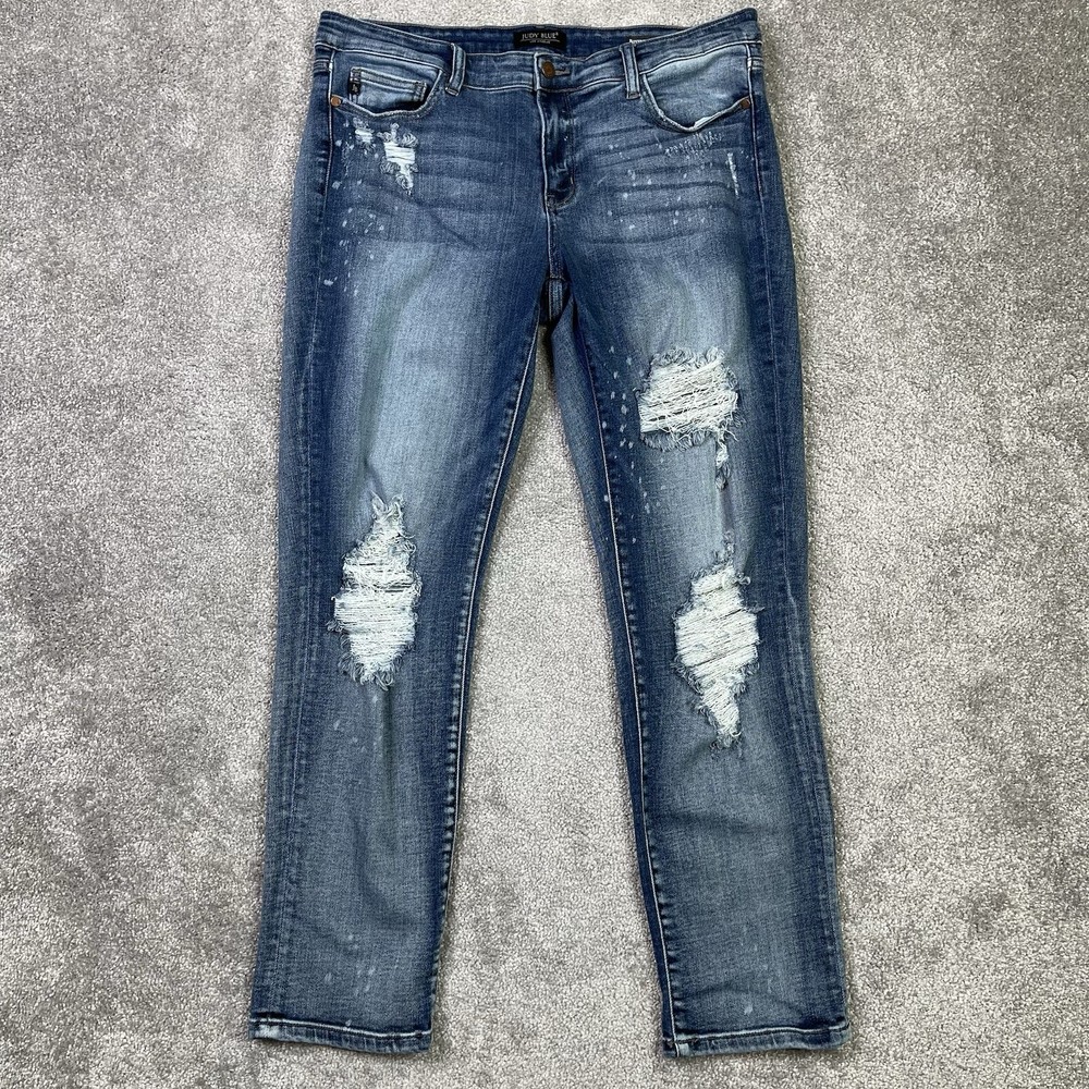 Judy Blue Jeans Women's 15/32 Blue Boyfriend Fit High Rise Distressed Ripped