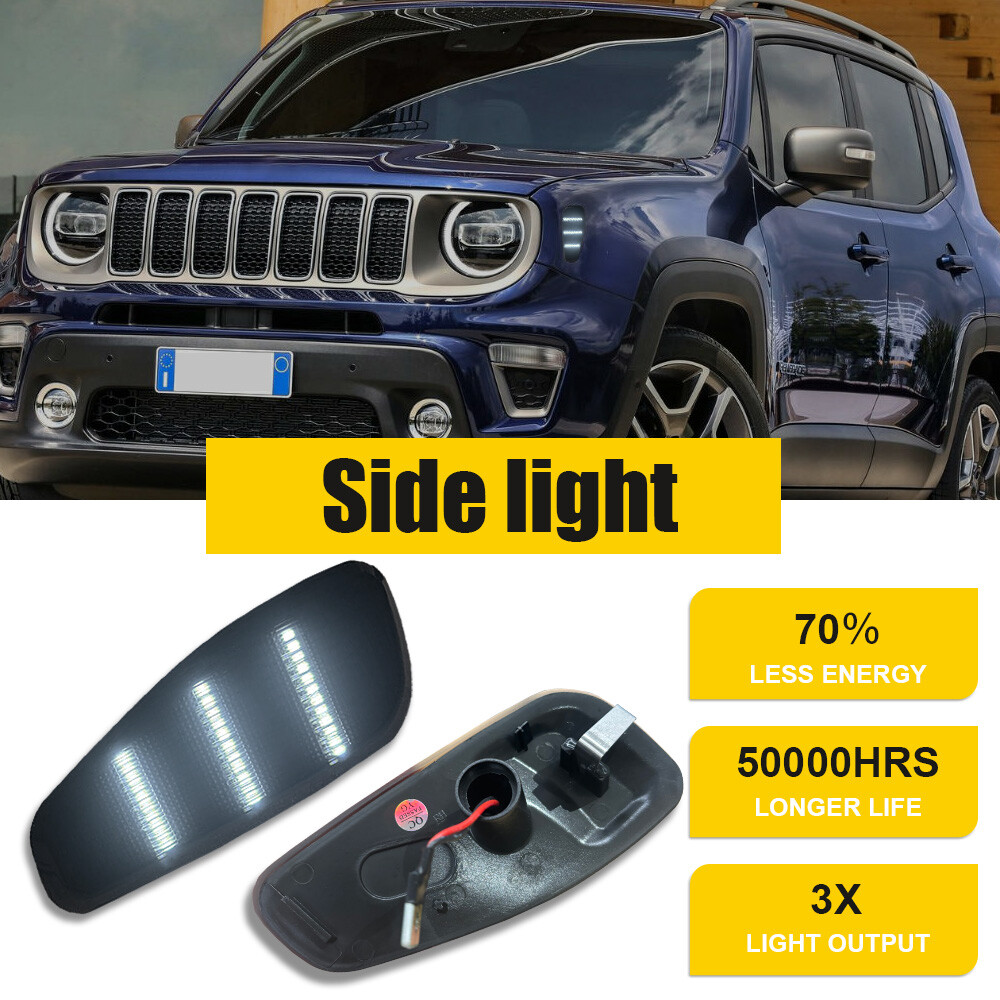 For 2015-2023 Jeep Renegade White Front Bumper LED Side Marker Light Smoked Lens