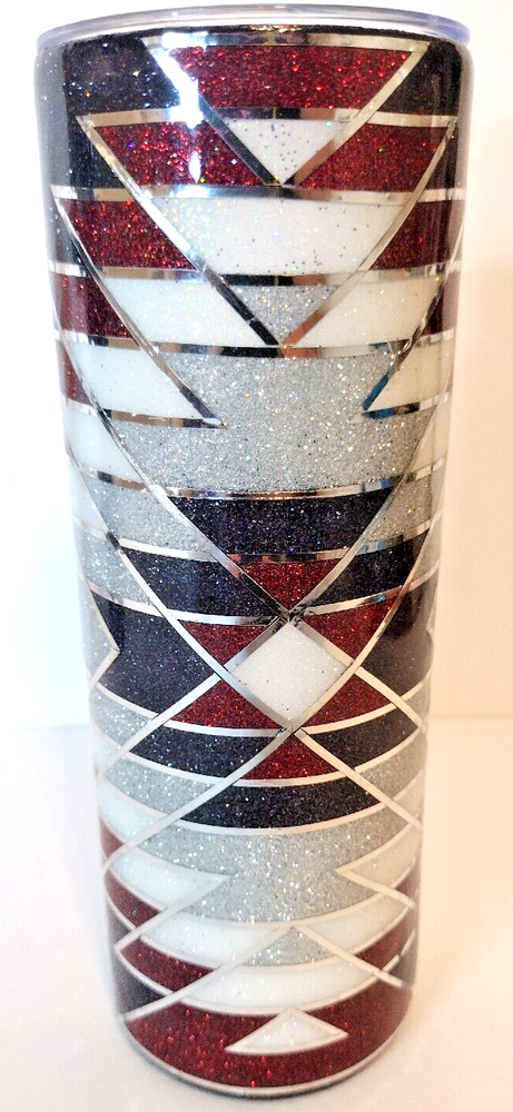 Handmade Resin Tribal Insulated Tumbler Bottle, Black Maroon Red White Sparkle