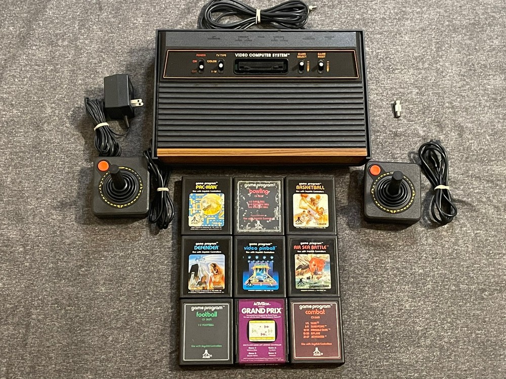 Atari 2600 4 Switch Woody Console Joysticks Power Supply 9 Games Cleaned Tested