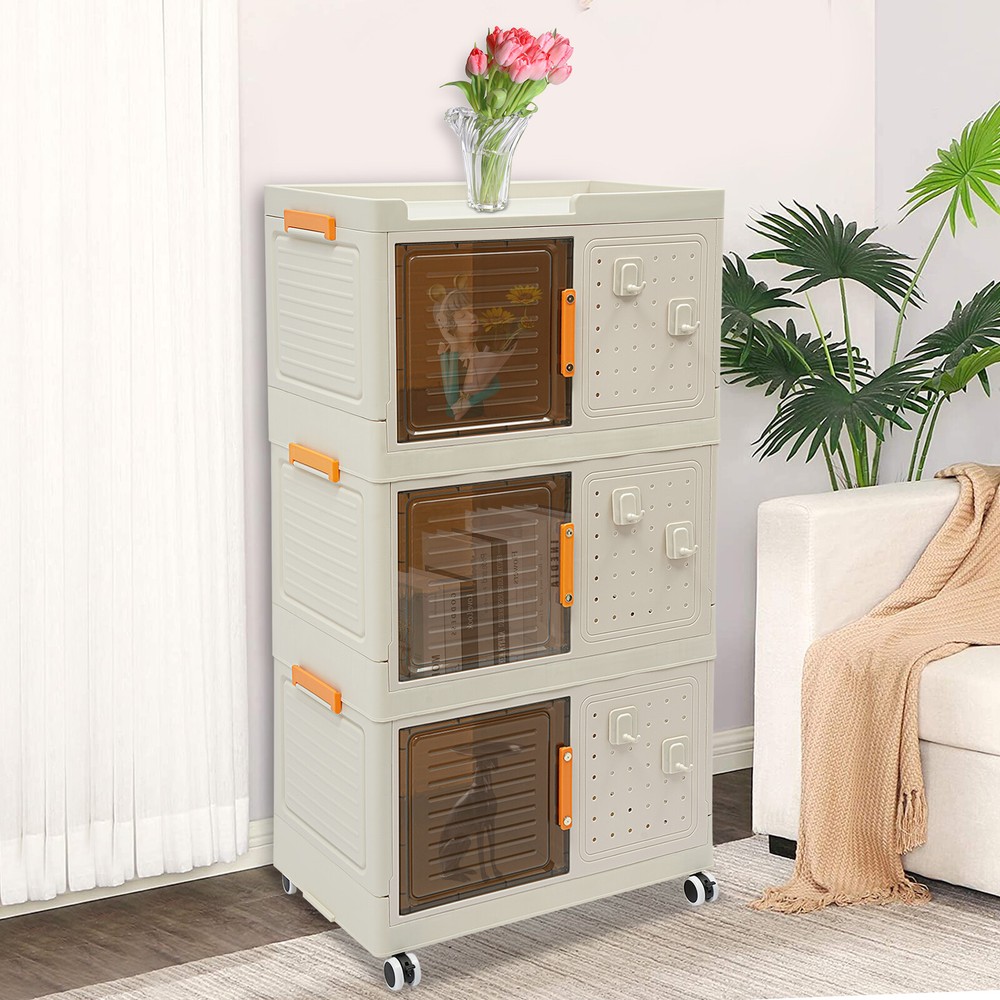 Folding Storage Cabinet 3 Tiers Floor Standing Cabinet with Wheels & 6 Hooks