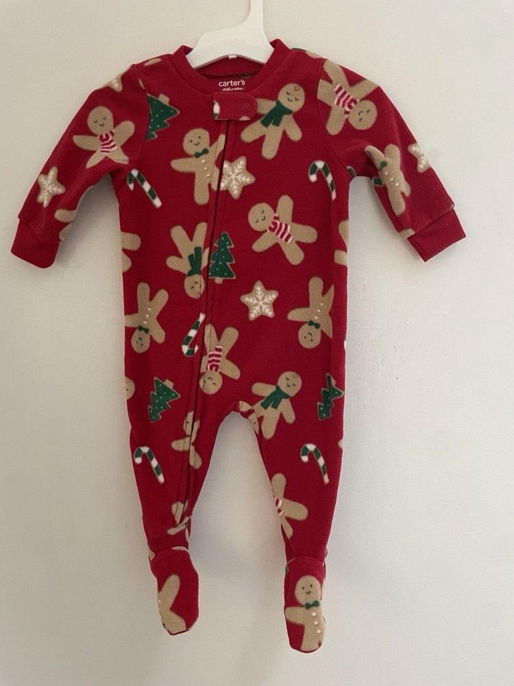 Carters Baby Boy Girl 1-Piece Christmas Gingerbread Man Cozy Fleece PJs Red 3-6M
