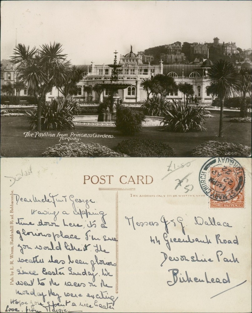 Torquay Pavilion Real photo RP LR Wrenn GB 1922 St Mary Church Cancel