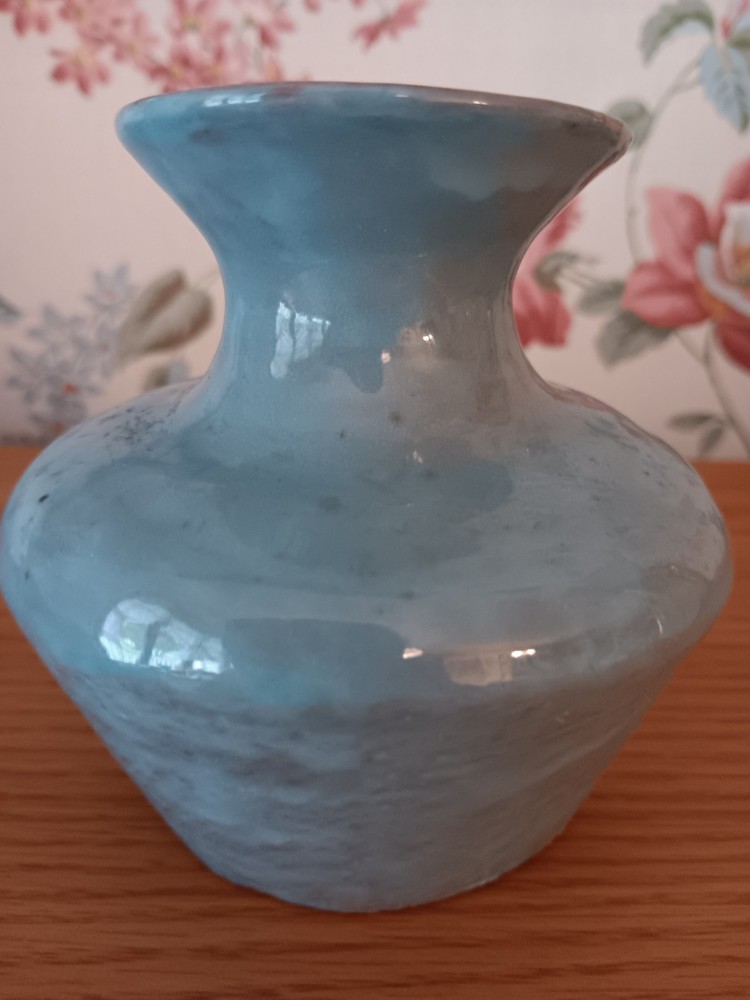 Blue Glazed Vintage Signed Pottery Vase Dated 4-72 with Number