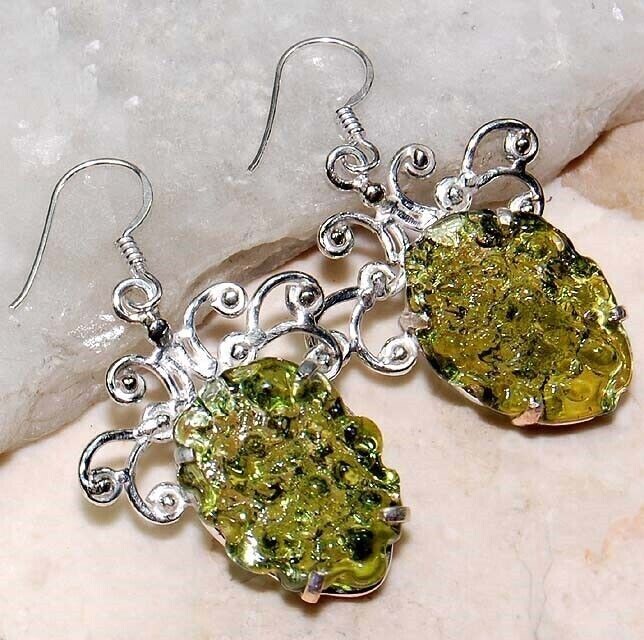 16CT Natural Czech Moldavite Sterling Silver Earrings by B19-7