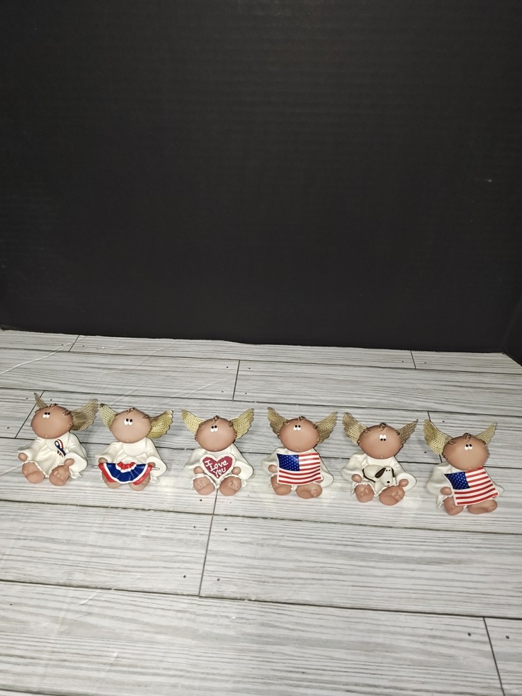Lot of 6 Patriotic Kirk's Kritters Angels 2001 Ceramic Figurines with Metal Wings