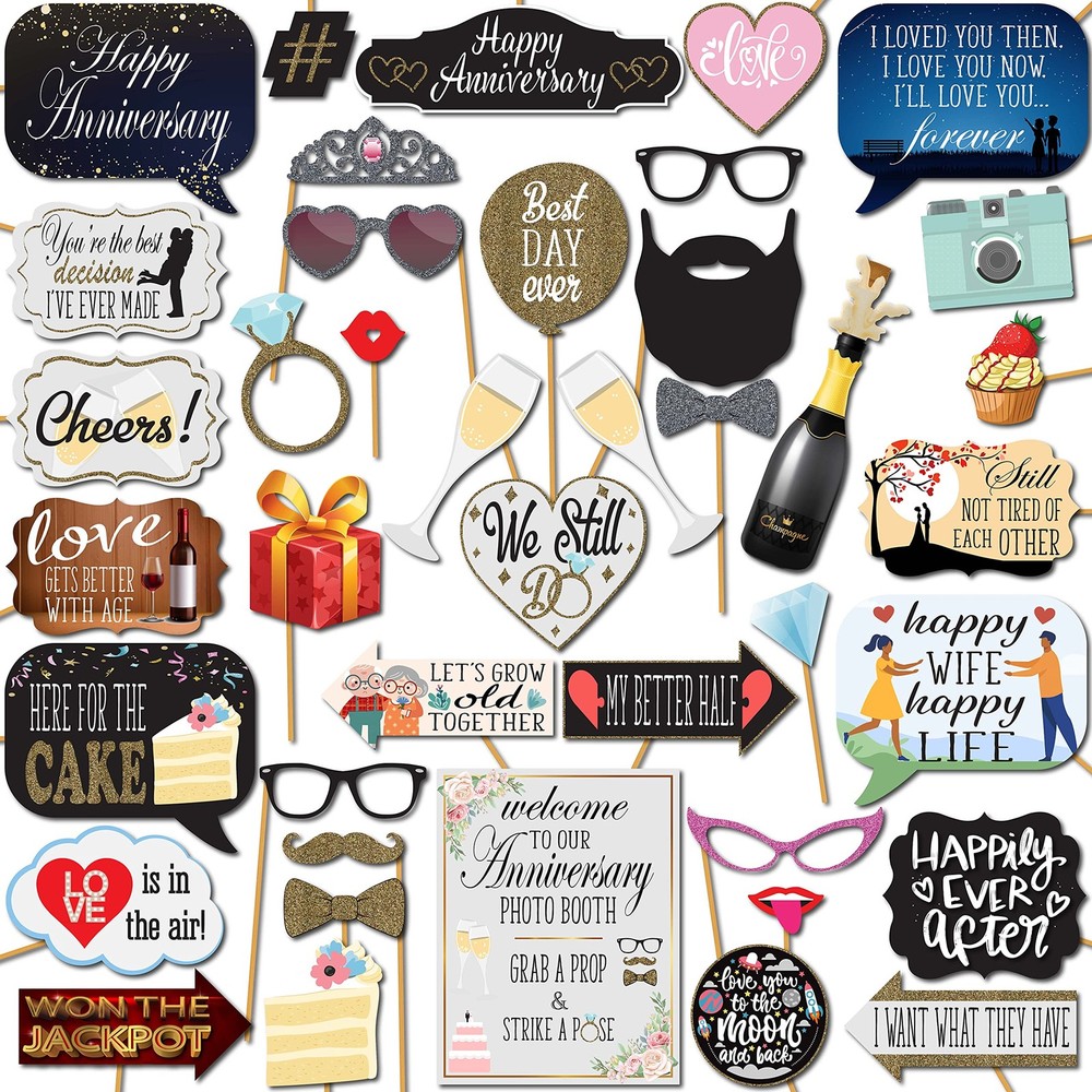 Anniversary Photo Booth Props - 41-pc Photobooth Kit with 8 x 10-Inch Sign, 6...